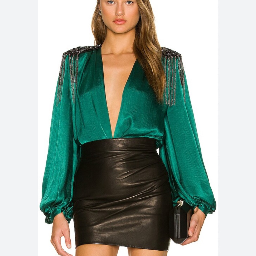 Bronx and Banco Emerald Green Draped Bodysuit with Beaded Shoulders